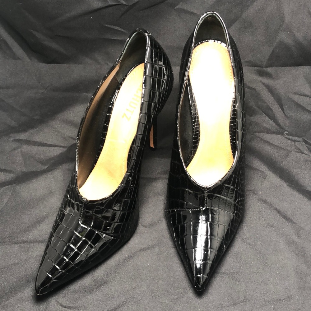 Schutz Crocodile Embossed Patent Bootie Pump
